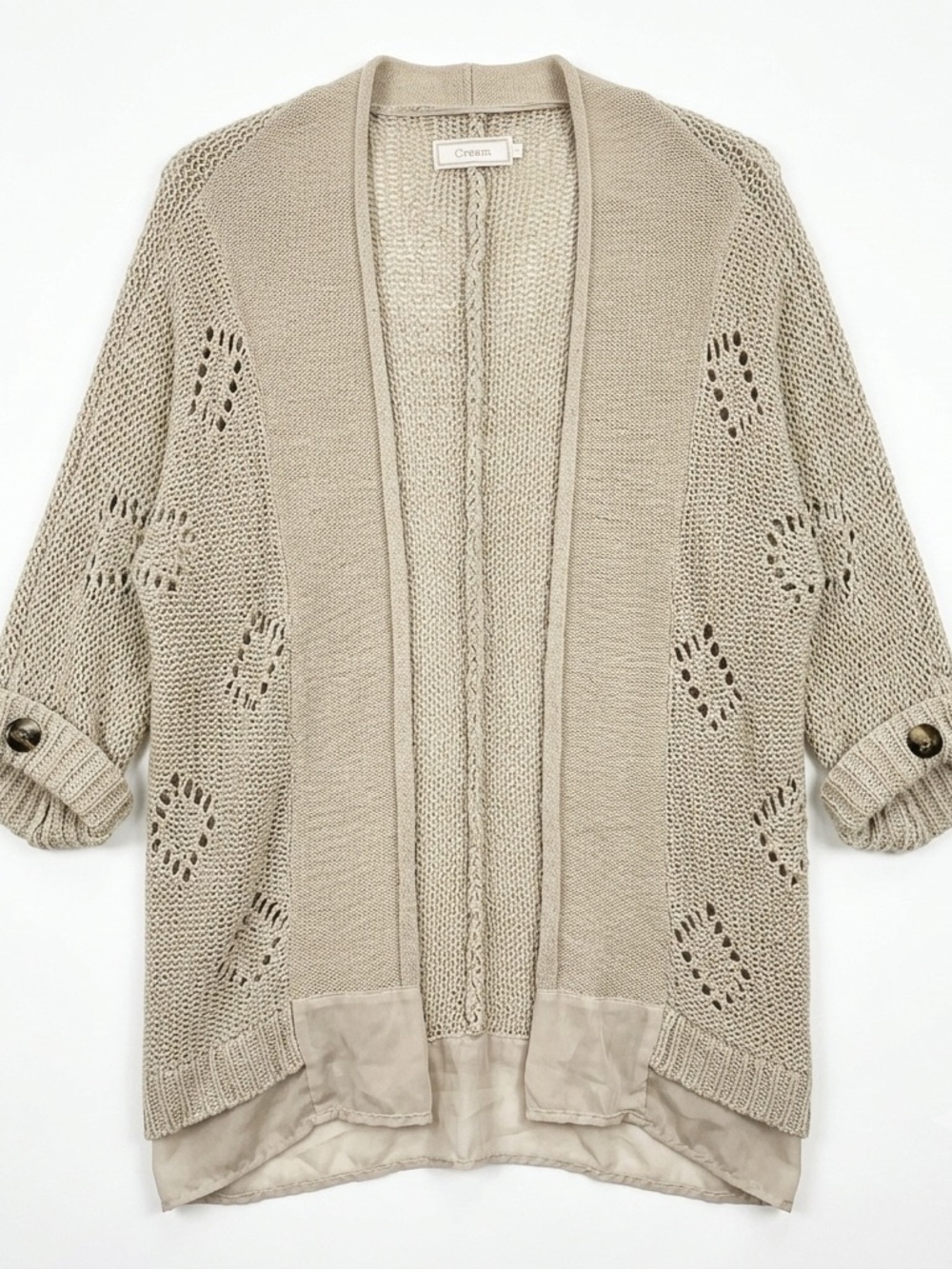 Cream Open Front Cardigan Women Large Beige Excellent Pointelle Layered Hem Boho